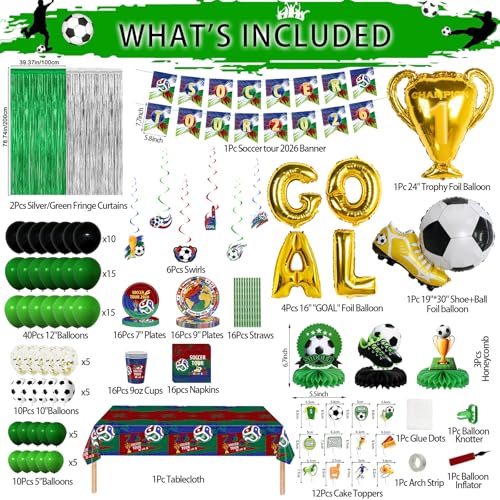 206Pcs 2026 World Soccer Cup soccer party Merchandise, Party Supplies Soccor party decorations - Banner, Hanging Swirl, Table cloth, Paper streamer, Cake topper, Balloon, Tableware