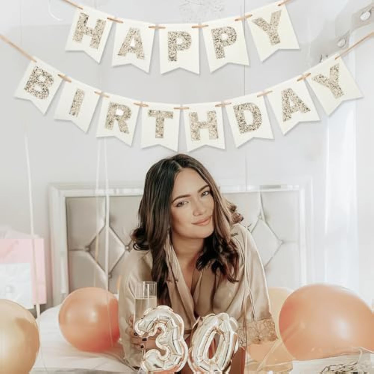 Felt Happy Birthday Banner With Glitter Letters, Cream White Boho Groovy Garland, Reusable Gold Glitter Sign, Thick Felt Bunting Decor For 1St Sweet 16 21St 30 40 50 60 70 Birthday Party