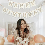 Felt Happy Birthday Banner With Glitter Letters, Cream White Boho Groovy Garland, Reusable Gold Glitter Sign, Thick Felt Bunting Decor For 1St Sweet 16 21St 30 40 50 60 70 Birthday Party