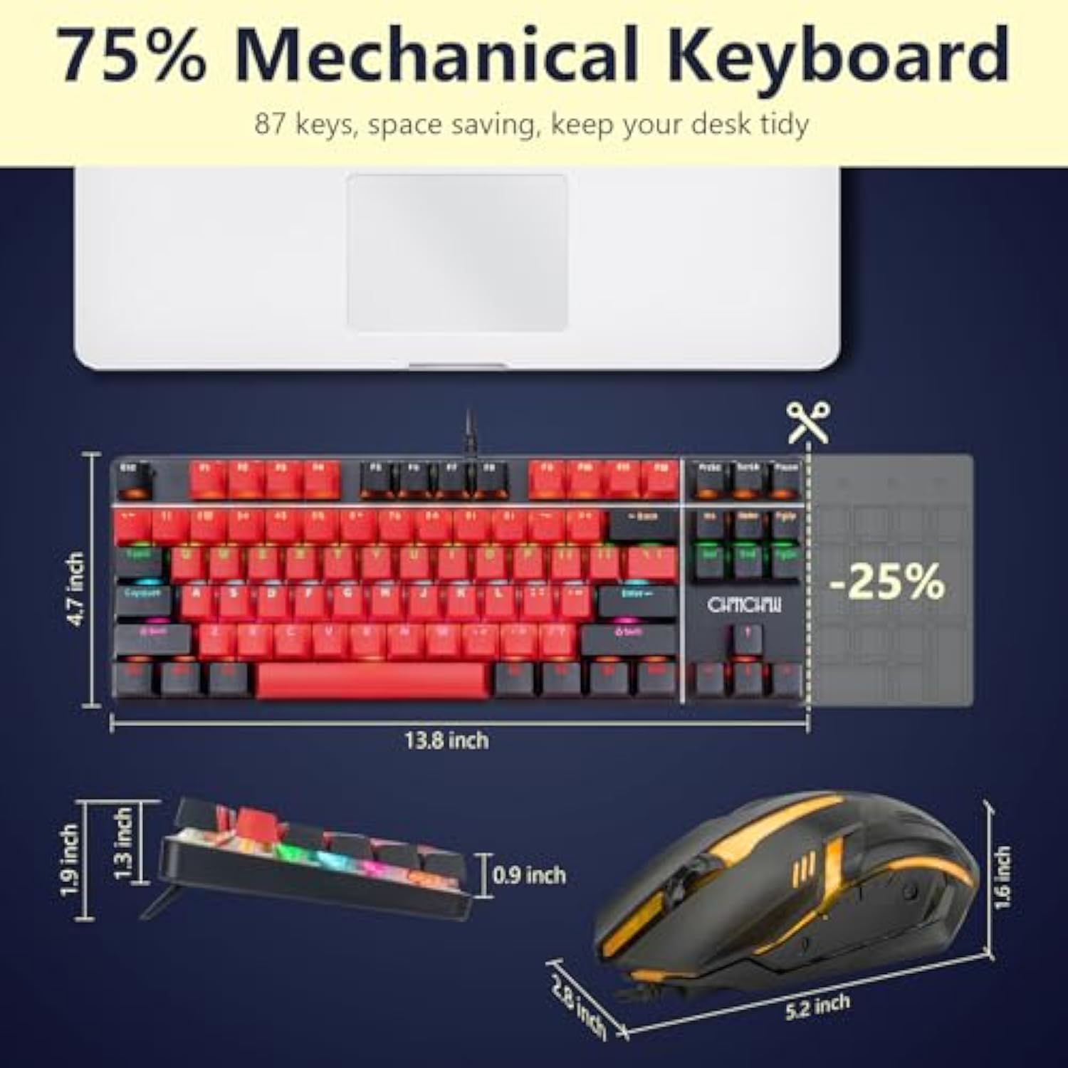 CHONCHOW Mechanical Gaming Keyboard and Mouse Combo, LED Backlit, Blue Switch, 87 Keys TKL, Hot Swappable Mechanical Keyboard, RGB Mouse 1200-4200 DPI for Ps4 Xbox PC Laptop Mac Windows