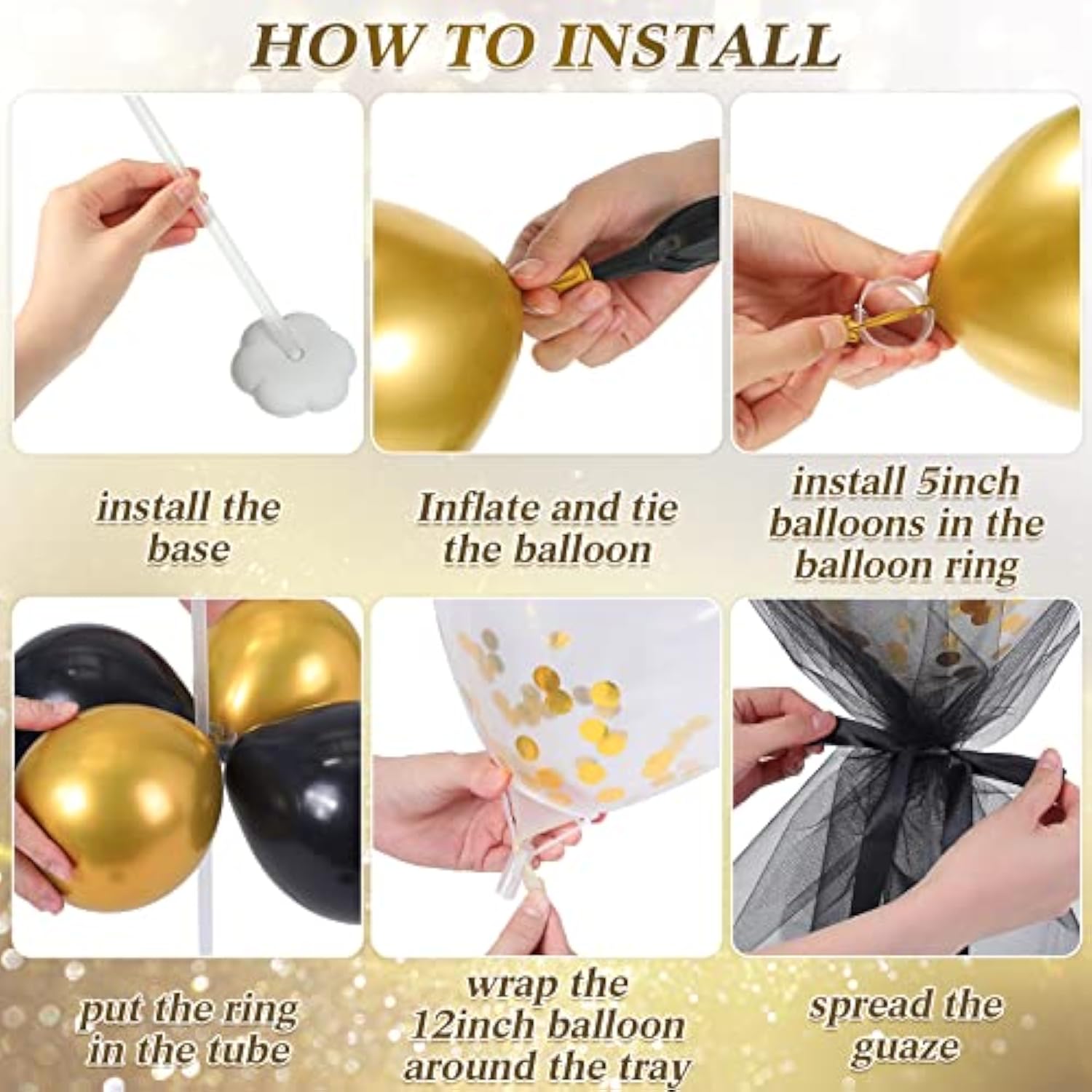 8 Set Table Centerpieces Balloons Stand Kit, 80 Pcs Latex Balloons And Table Stand Holder With Base Tulle For Wedding Birthday Baby Shower Party(Black, Gold)