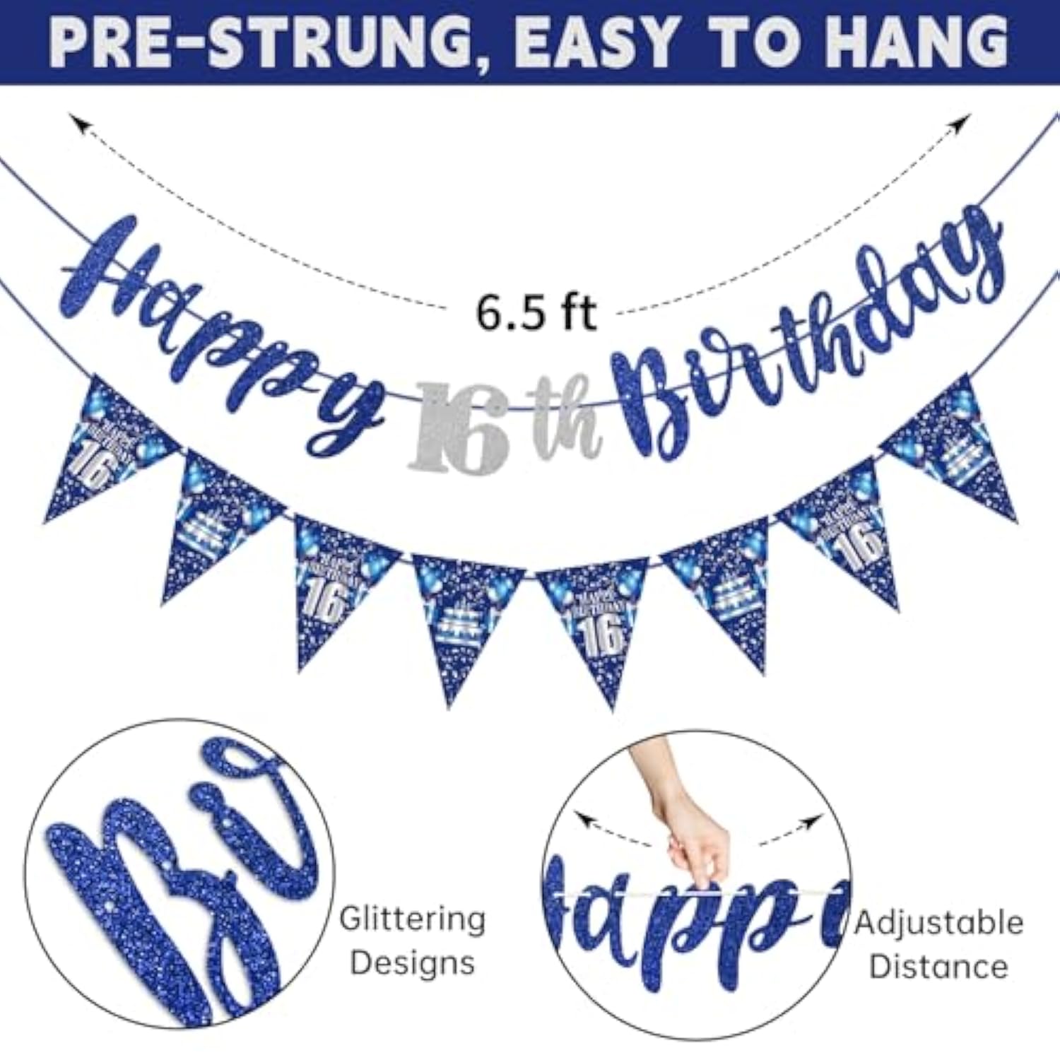 Blue Silver 16th Birthday Banner Stars Swirls Party Decor