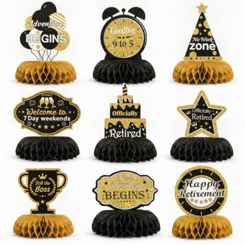9 Pcs Retirement Party Decorations, Honeycomb Centerpieces, Black Gold Happy Retirement Table Decorations, Easy Assemble Thick Cardstock Centerpieces for Retired Farewell Party