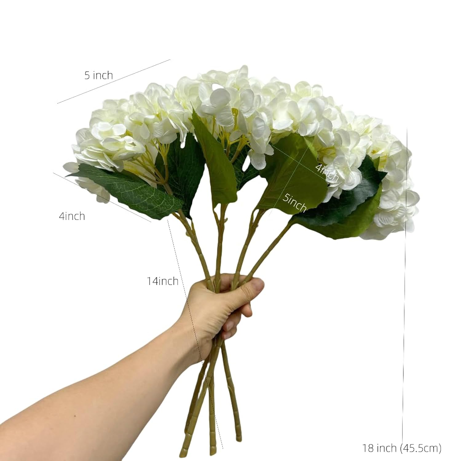 4Bundles White Hydrangea Artificial Flowers,18Inch Faux Silk Large Hydrangeas Flowers Heads With Long Stems & Leaves Real Touch Uv Resistant Artificial Outdoor Flowers For Wedding Party Table Decor