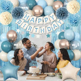 Blue Birthday Decorations, Retro Dusty Blue Sand White Gold Party Balloon Kit With Happy Birthday Banner Fringe Curtain Background Pom Poms Cake Topper For Baby Boys Girl Women Men Bday Decor Supplies