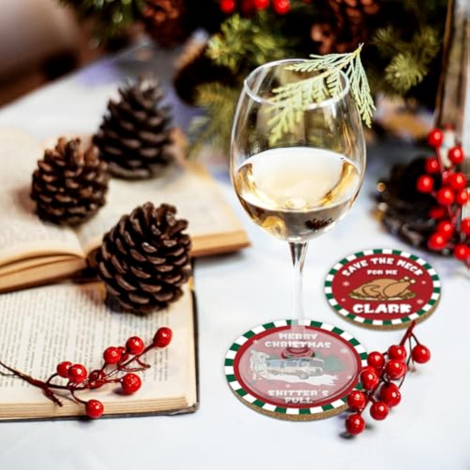 Christmas Vacation Merch Gift, 6 Pcs Funny Holiday Coasters With Metal Holder, Griswold Family Cousin Eddie Christmas Vacation Decorations, Xmas Home Table Decor Party Supplies, White Elephant Gifts