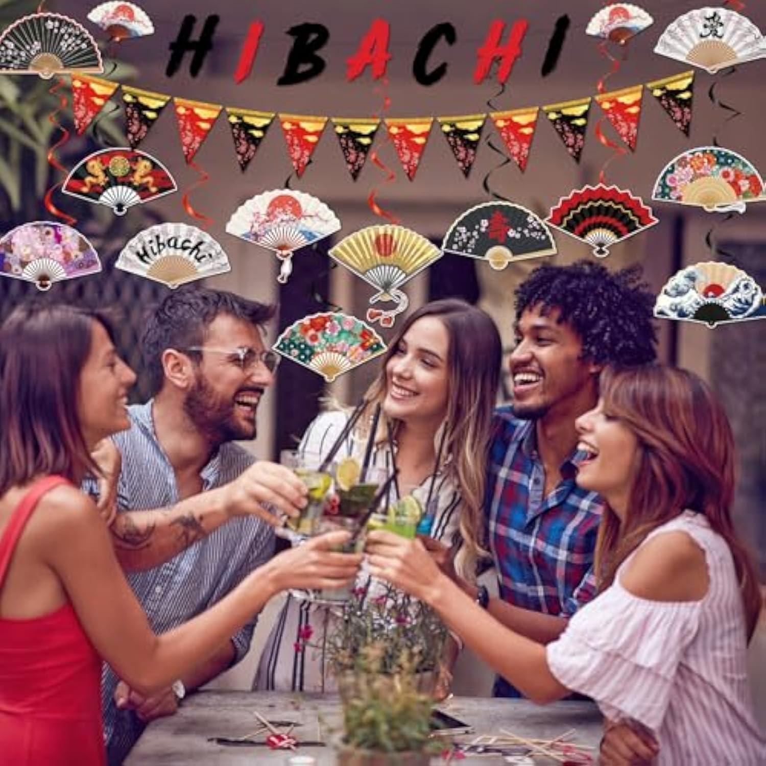 Hibachi Birthday Party Decorations - 14 Pcs Red Banner Pennant Garland Folding Fans Hanging Swirls Set Cherry Blossom Plum Dragon Asian Japanese Theme Supplies Favors Wall Ceiling Decor