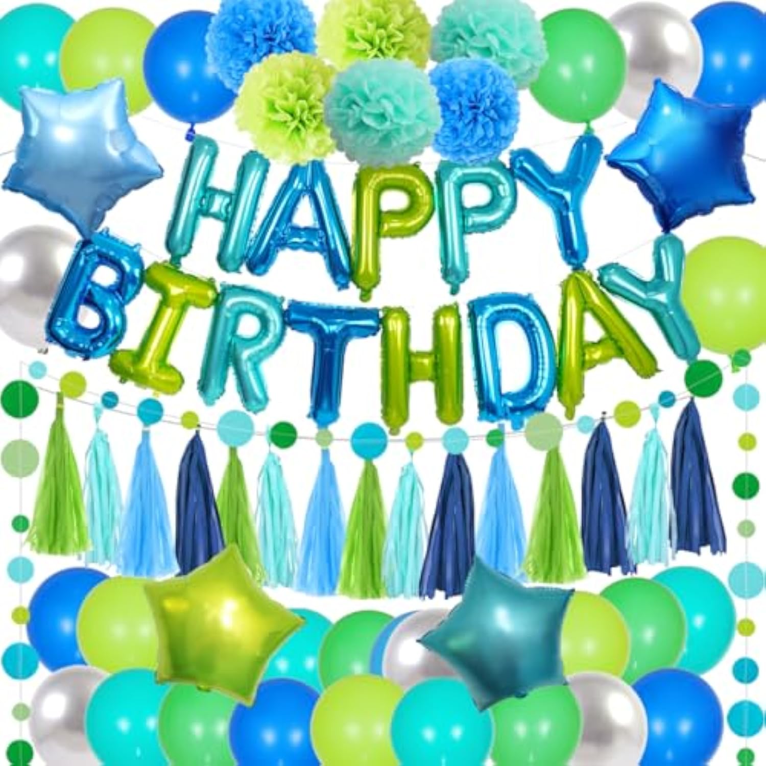 Blue And Green Birthday Decorations - Teal Blue Happy Birthday Banner, Mermaid Ocean Bubble Circle Dot Garland, Tissue Flowers, Tassels Garland, Balloons For Girls Boys Women Men Party Supplies