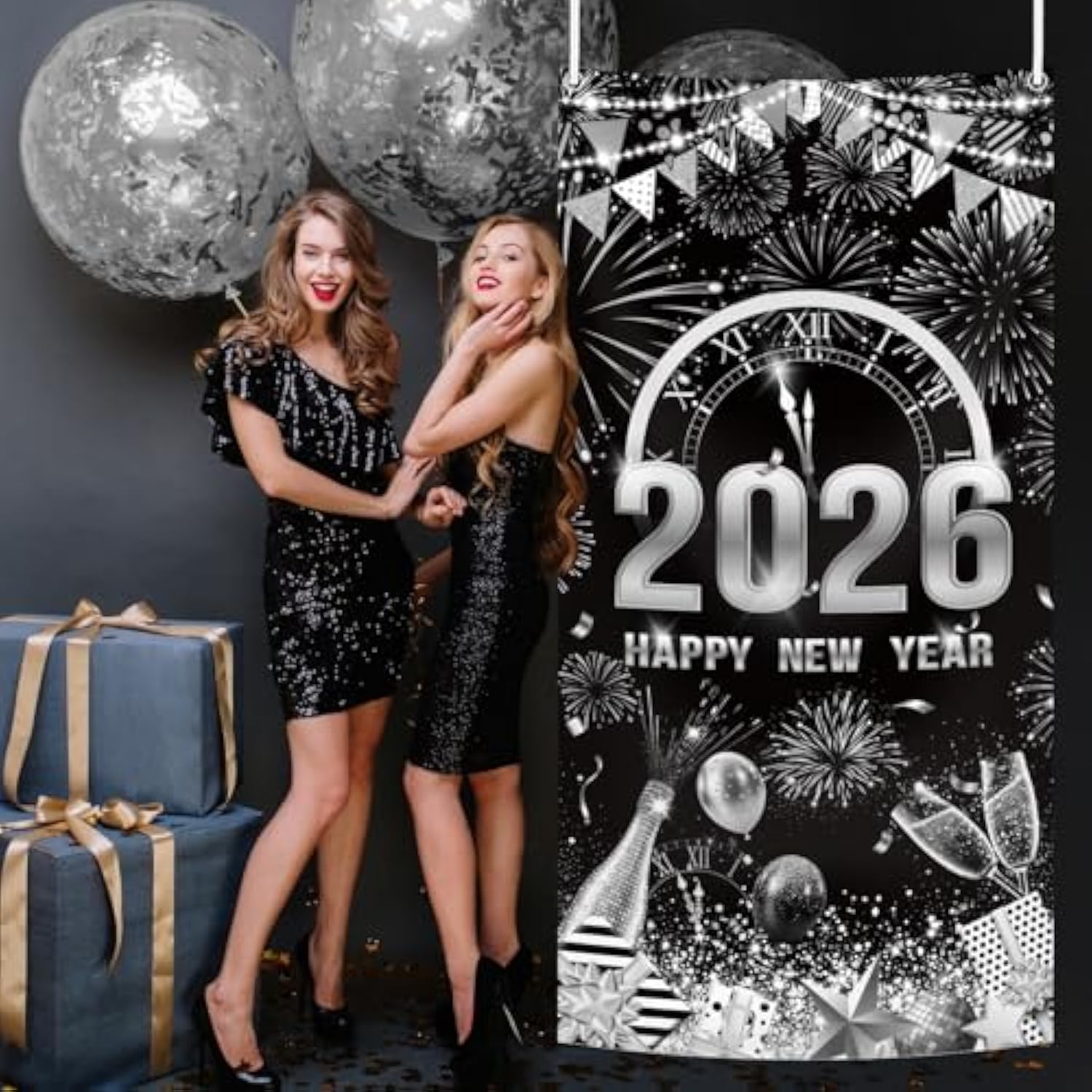 2026 Happy New Year Door Cover Black Silver Party Decor with Balloon and Fireworks