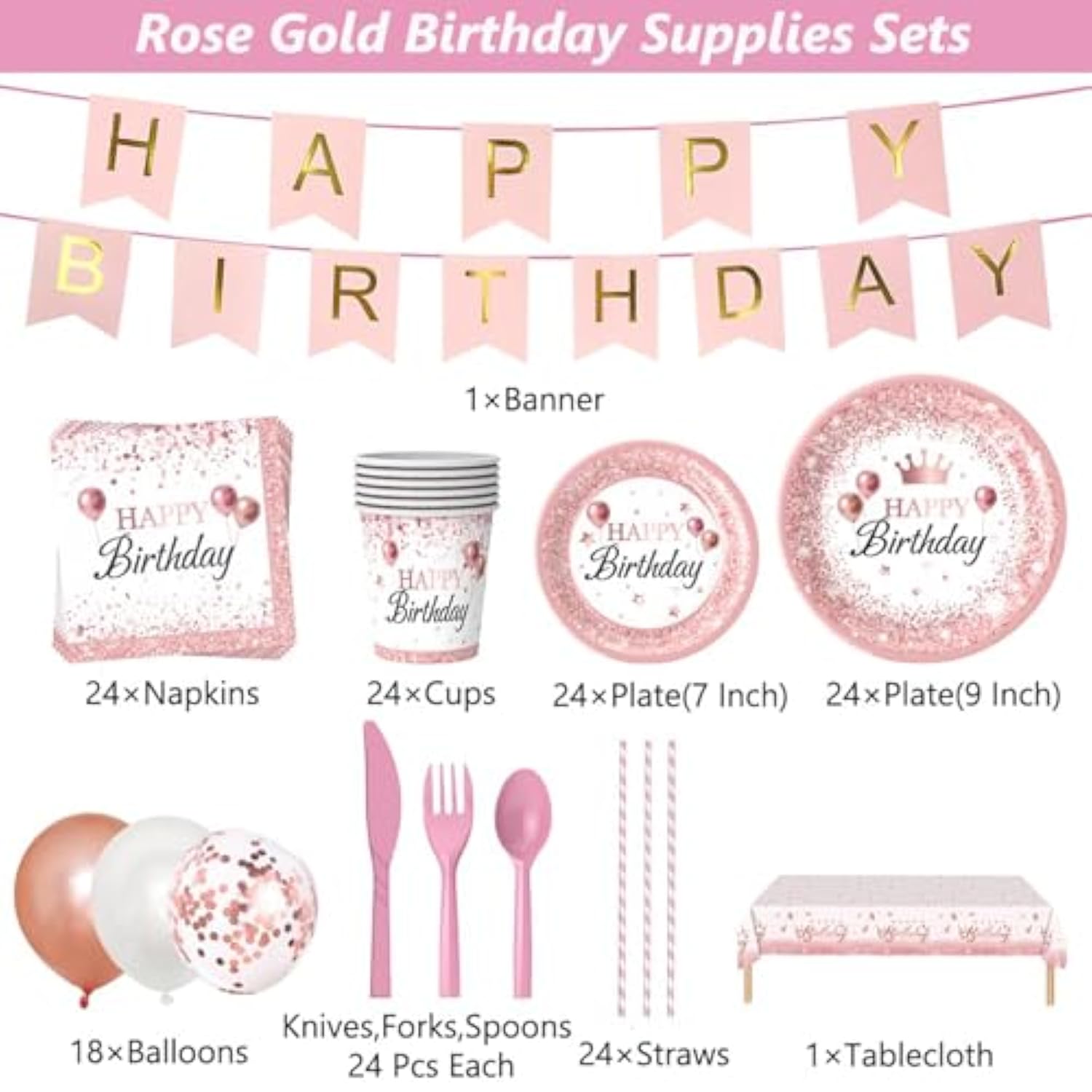 212Pcs Pink Rose Gold Party Supplies Set – Plates, Cups, Cutlery, Décor for 24