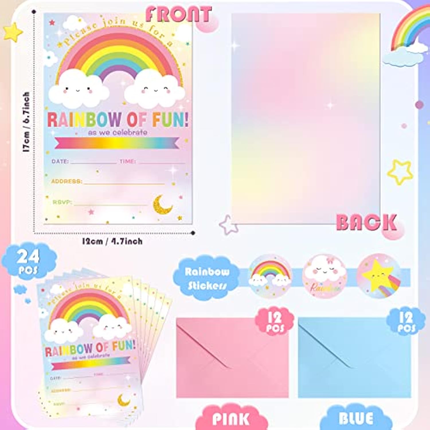 24 Sets Rainbow Birthday Invitations With Envelopes And Stickers For Girls Party Invitations For Kids Rainbow Birthday Baby Shower Party Decoration