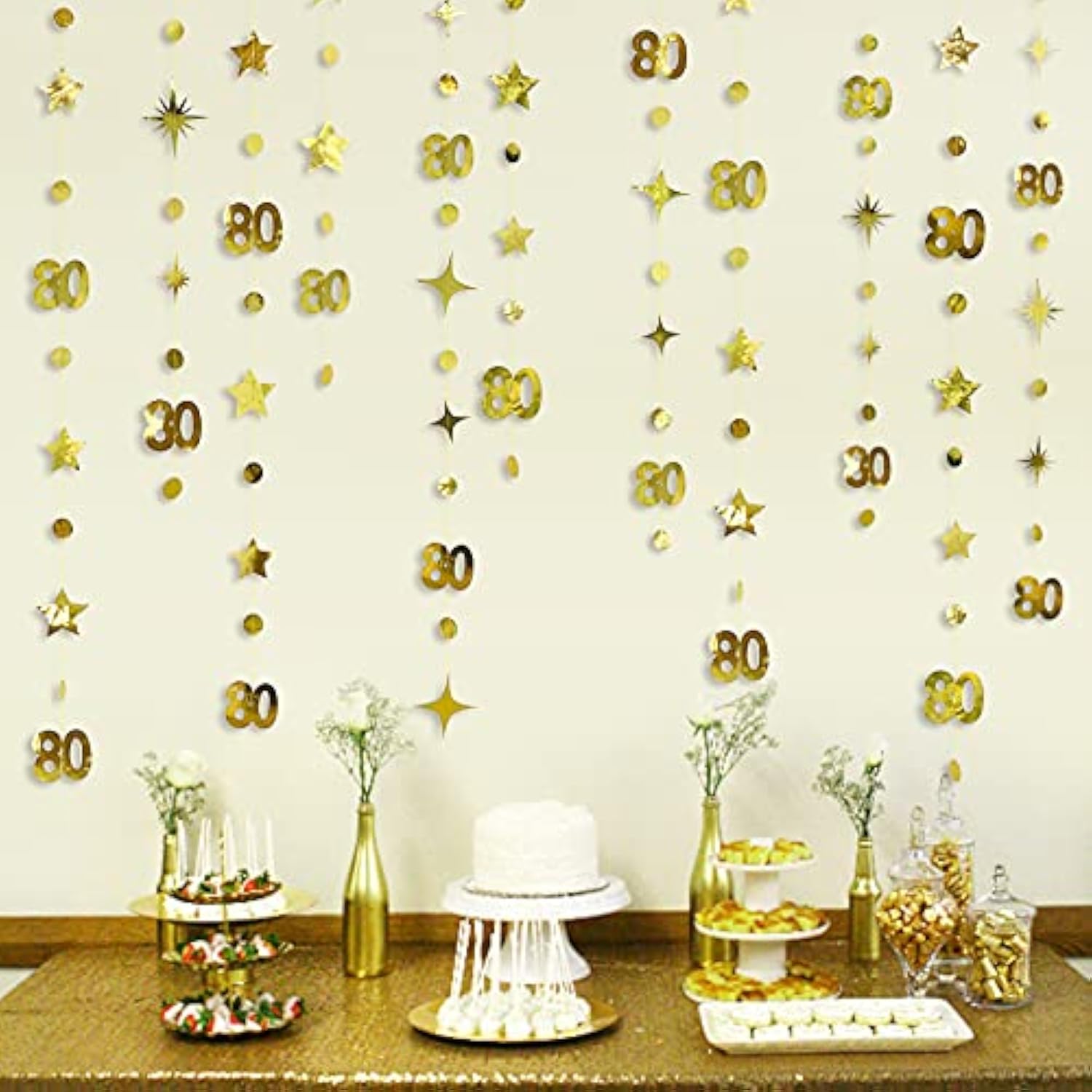 Gold 80th Birthday Decorations - Twinkle Star Garland & Banner for Anniversary Party