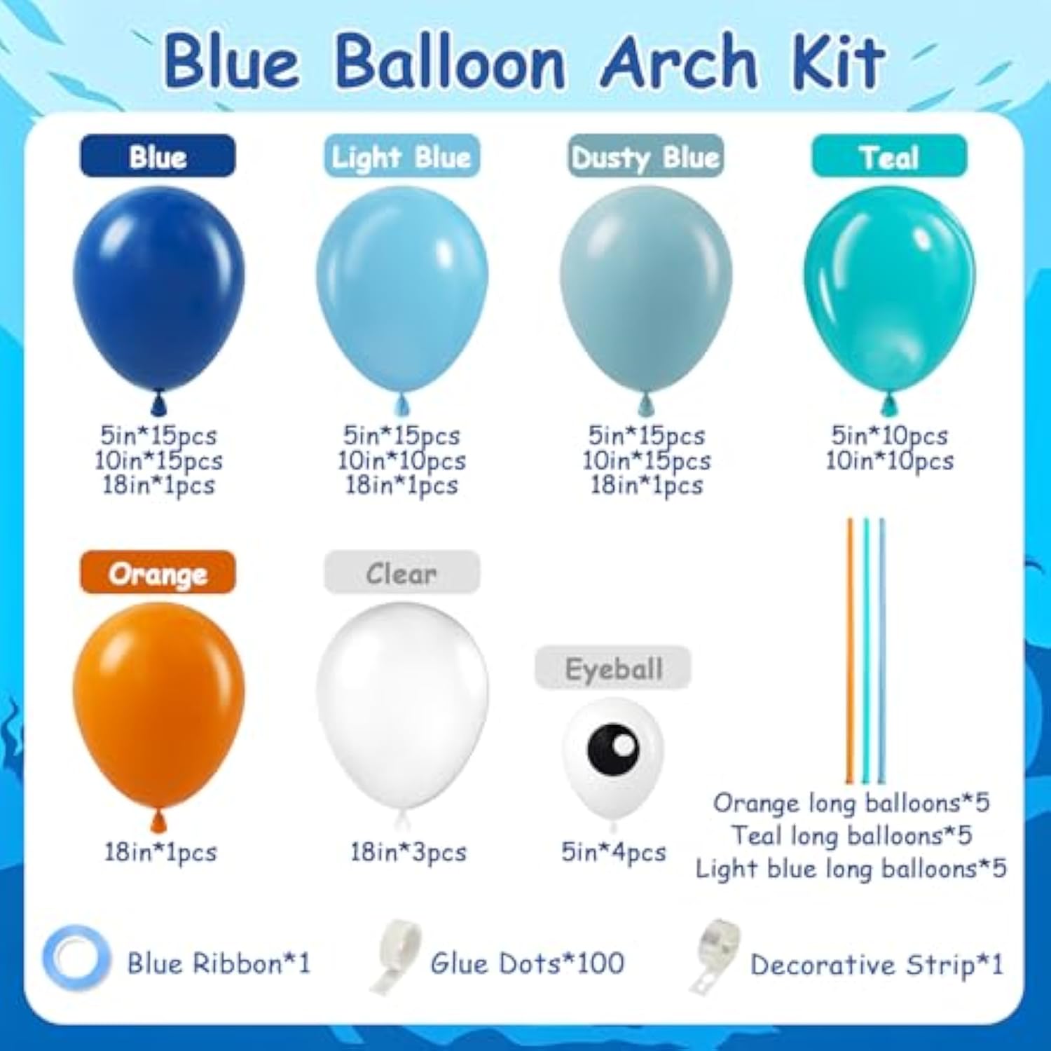 134PCS Ocean Balloon Arch Kit – Blue, Teal & Orange Balloons for Under the Sea Party Decor