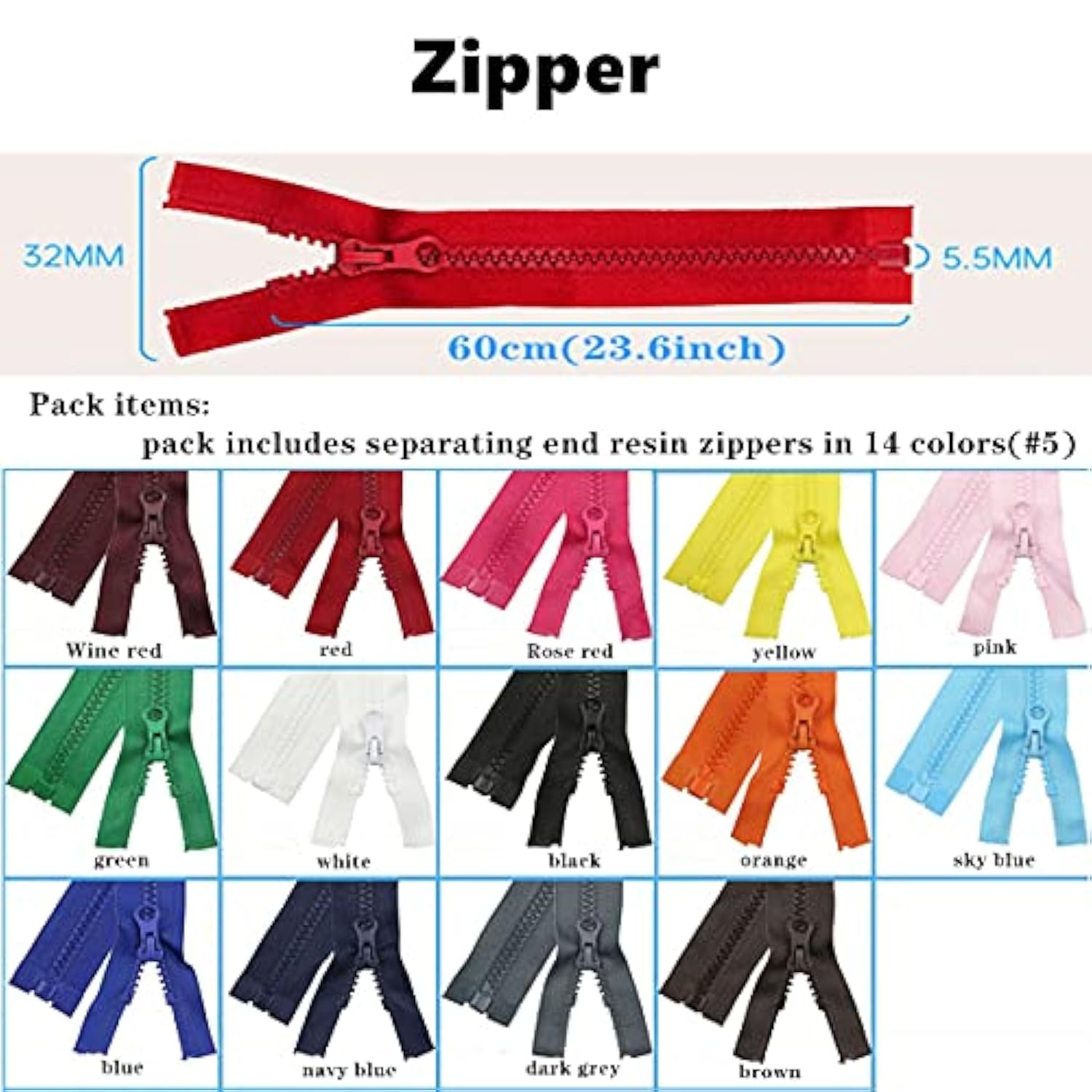 Zippers Colorful Resin Zippers Set #5 Plastic Zippers With Lifting Rin