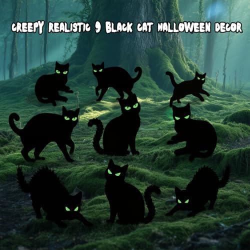 Halloween Decorations Outdoor - 9 Pack Corrugated Plastic Black Cat Decor with Stakes, Glow In The Dark Eyes Scary Silhouette Waterproof Durable Yard Signs for Garden Graveyard Party Lawn (37x31cm)