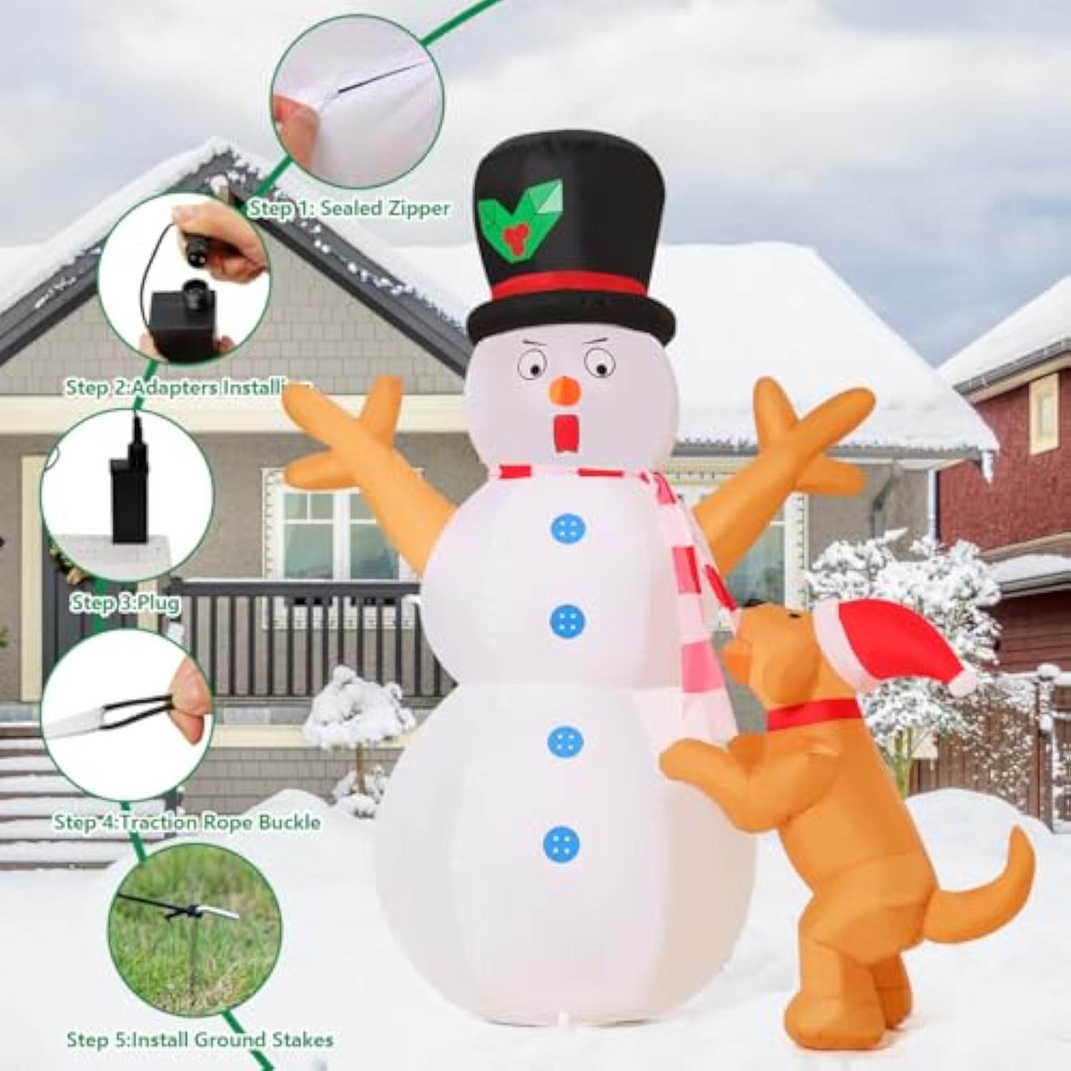 6 Ft Christmas Inflatables Snowman Decorations, Outdoor Christmas Snow Man& Dog Bites Scarf Yard Xmas Blow Up With Built