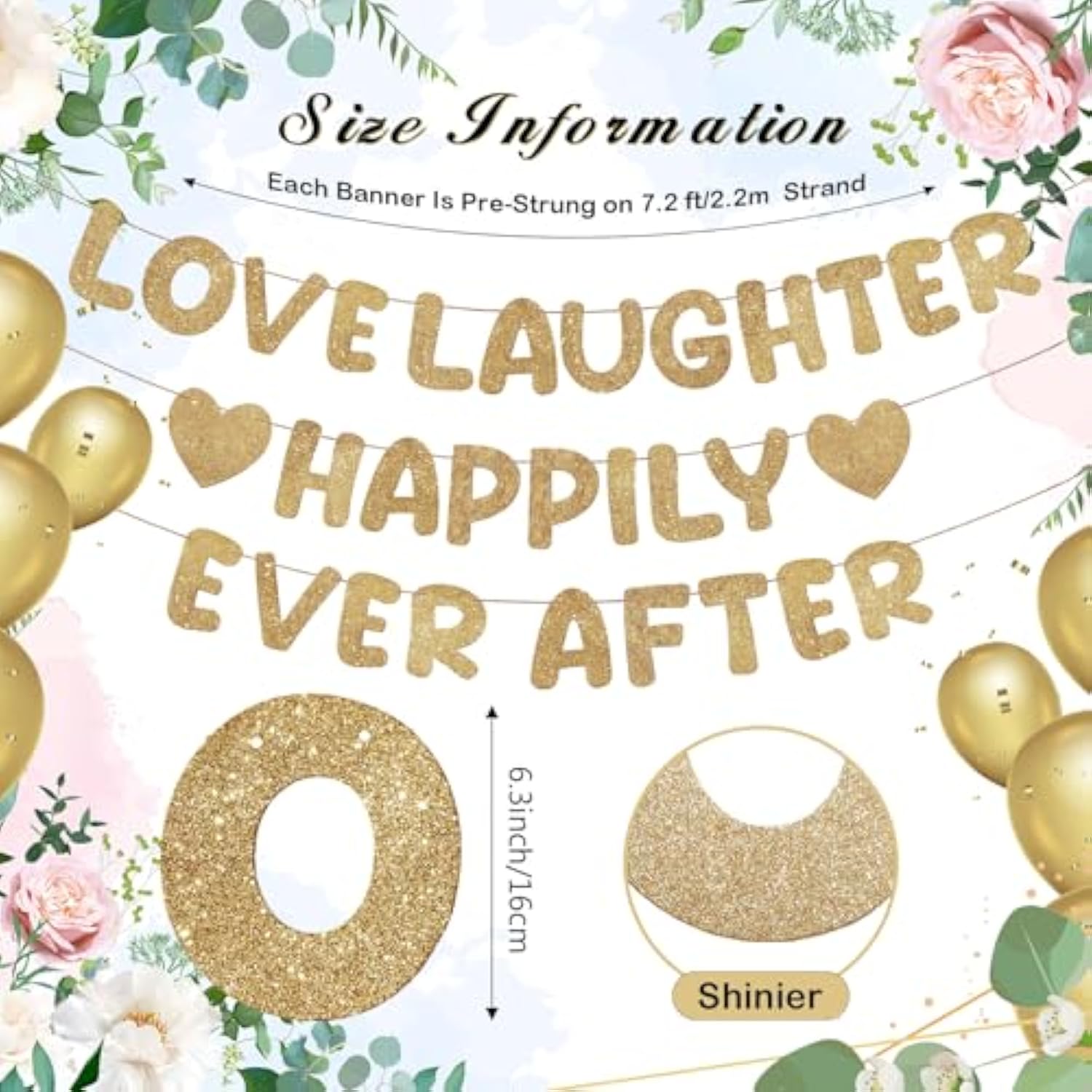 Pre Strung Love Laughter Happily Ever After Banner Glitter Bridal Shower Decorations Bachelorette Party Decor For Love Married Wedding Shower Engagement Party Banner(Champagne Gold)