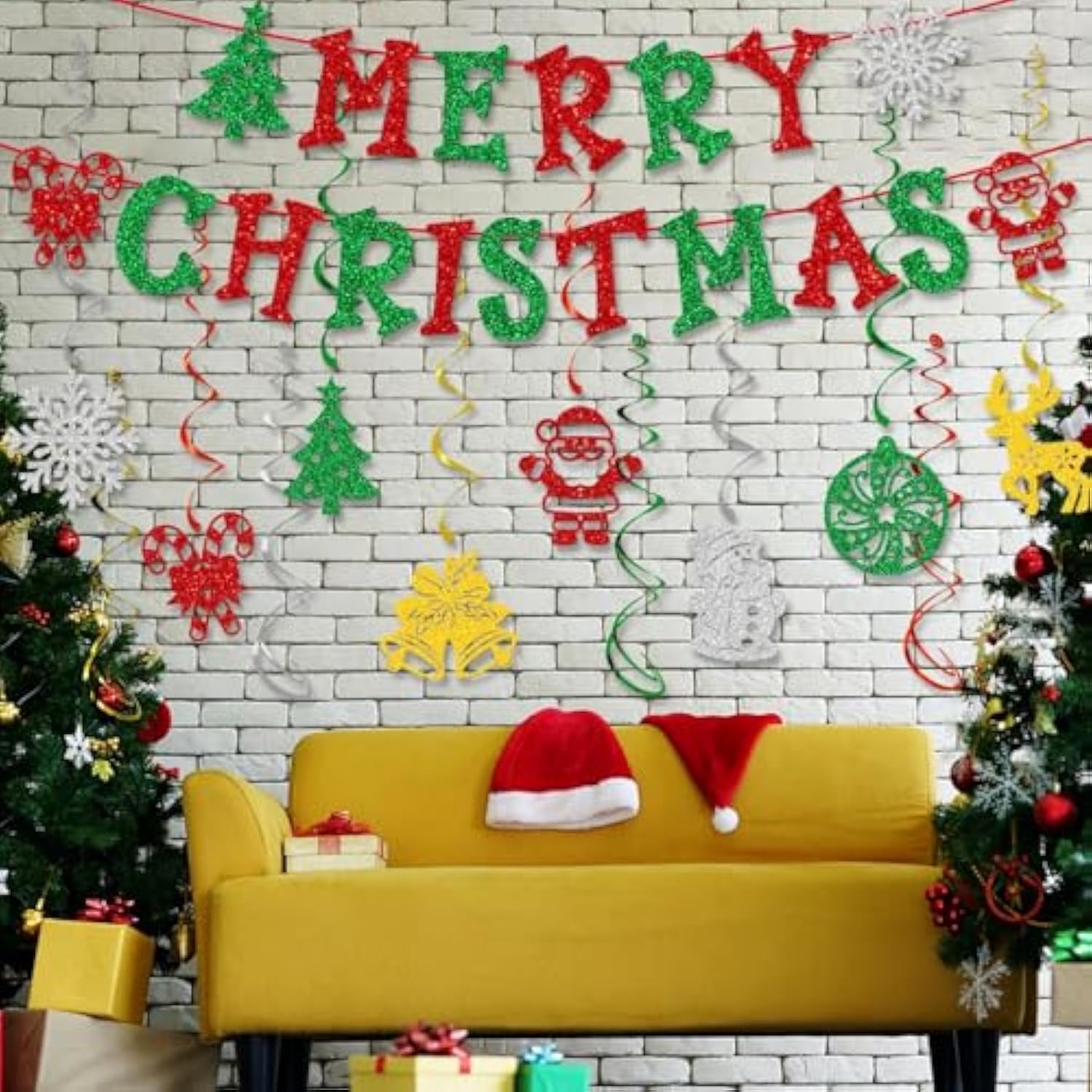 Christmas Hanging Swirls Glitter Snowflakes Bells Santa Winter Party Decor