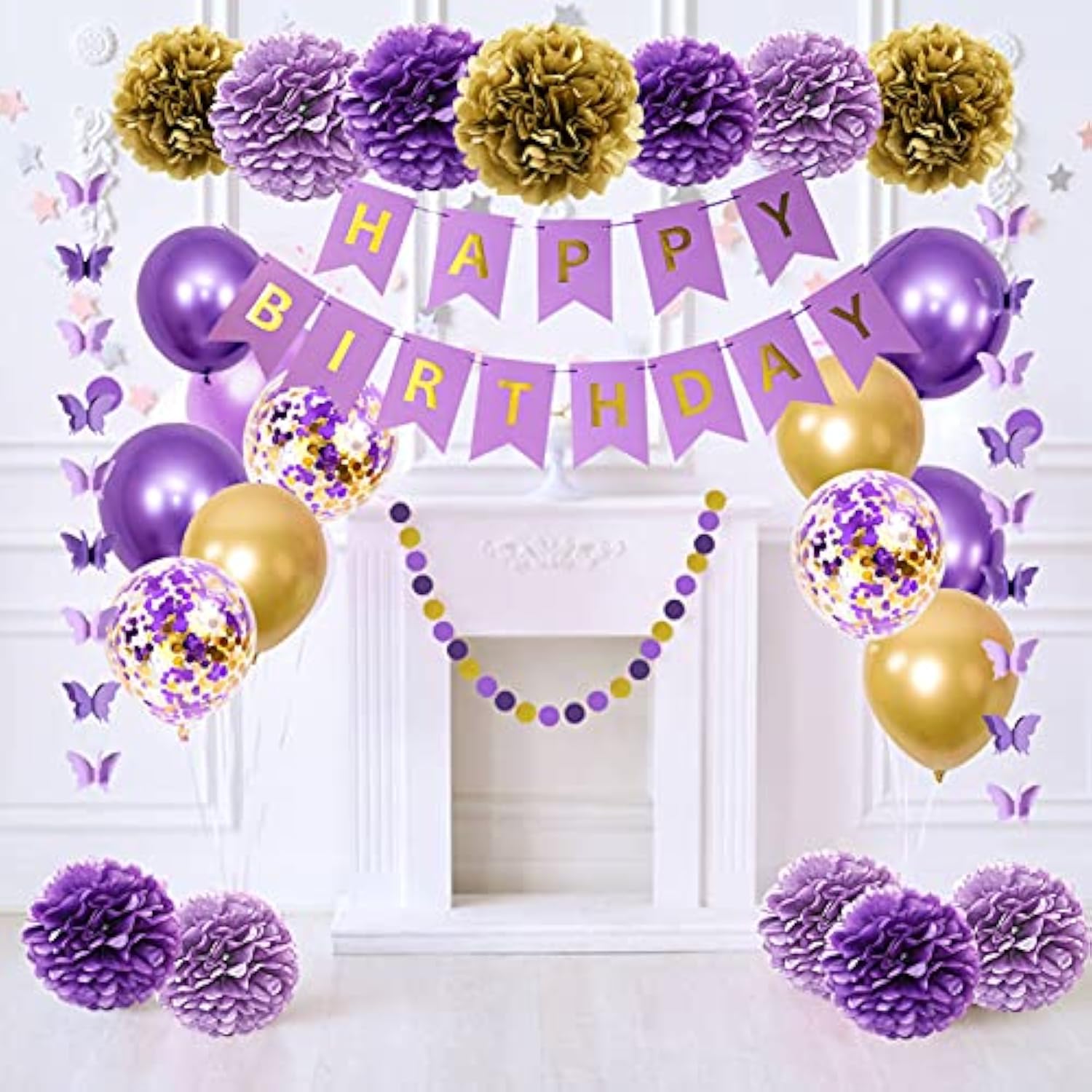 Purple Birthday Decorations For Women Girls Butterfly Hanging Garland Happy Birthday And Circle Dots Banner Purple Gold Balloons Paper Flowers Cake Toppers For Party Decor Supplies