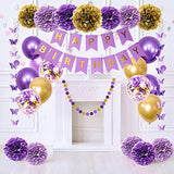 Purple Birthday Decorations For Women Girls Butterfly Hanging Garland Happy Birthday And Circle Dots Banner Purple Gold Balloons Paper Flowers Cake Toppers For Party Decor Supplies