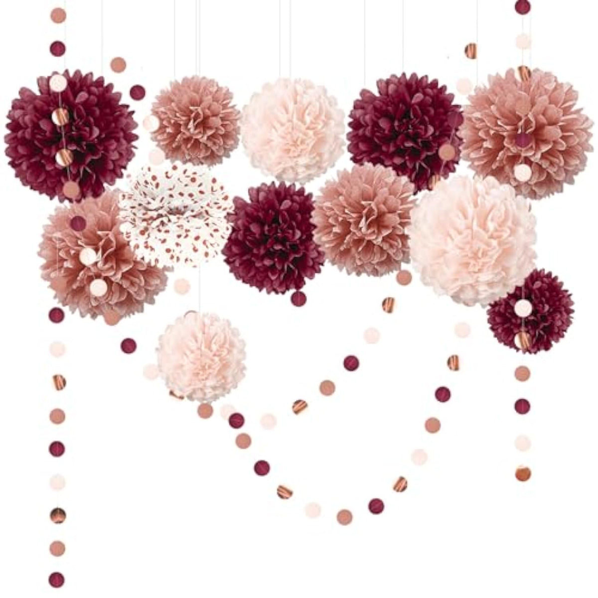 Bachelorette Party Decorations - 15Pcs Burgundy Rose Gold Tissue Pom Poms Circle Dots Polka Dot Kit For Valentines, Engagement, Wedding, Bridal Shower, Burgundy Birthday Decorations