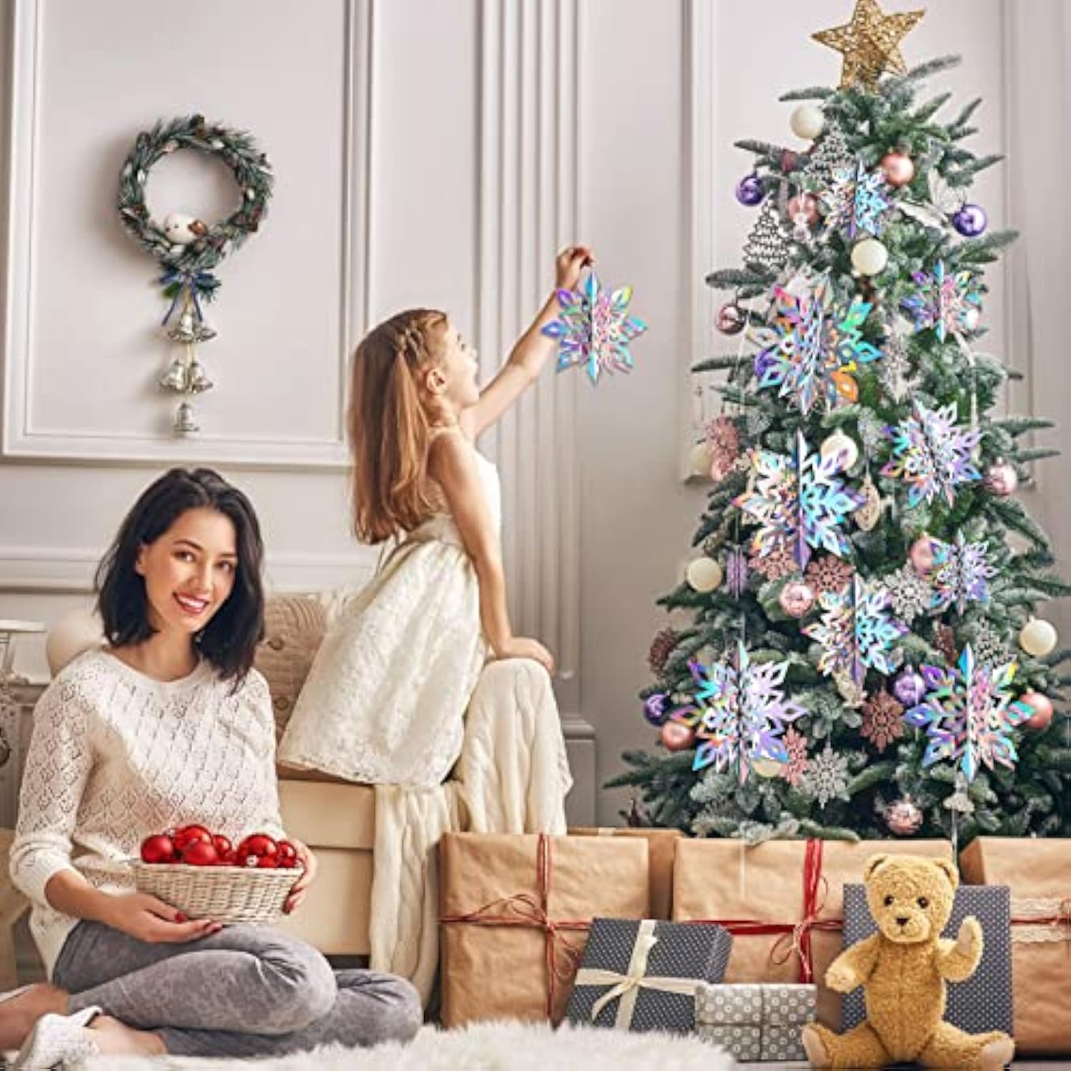 15 Pcs 3D Hanging Snowflake Decorations – Holographic Silver Garland for Frozen & Winter Wonderland Parties