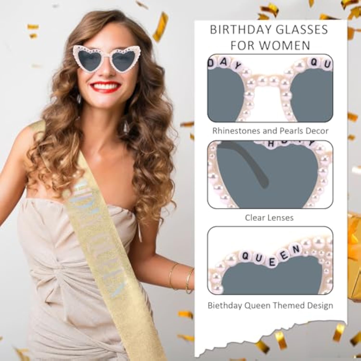 Birthday Sash For Women Girls, Gold Birthday Queen Sash With Glasses For Women Happy Birth Day Decorations For Girls Party Favors Accessories