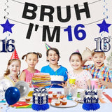 11Pcs 16Th Birthday Decorations For Boys Men, Blue Sliver Happy 16Th Birthday Banner, Bruh I'M 16 Balloons Centerpieces Swirls Party Supplies, Sixteen Bday Banner Ceiling Table Topper Sign