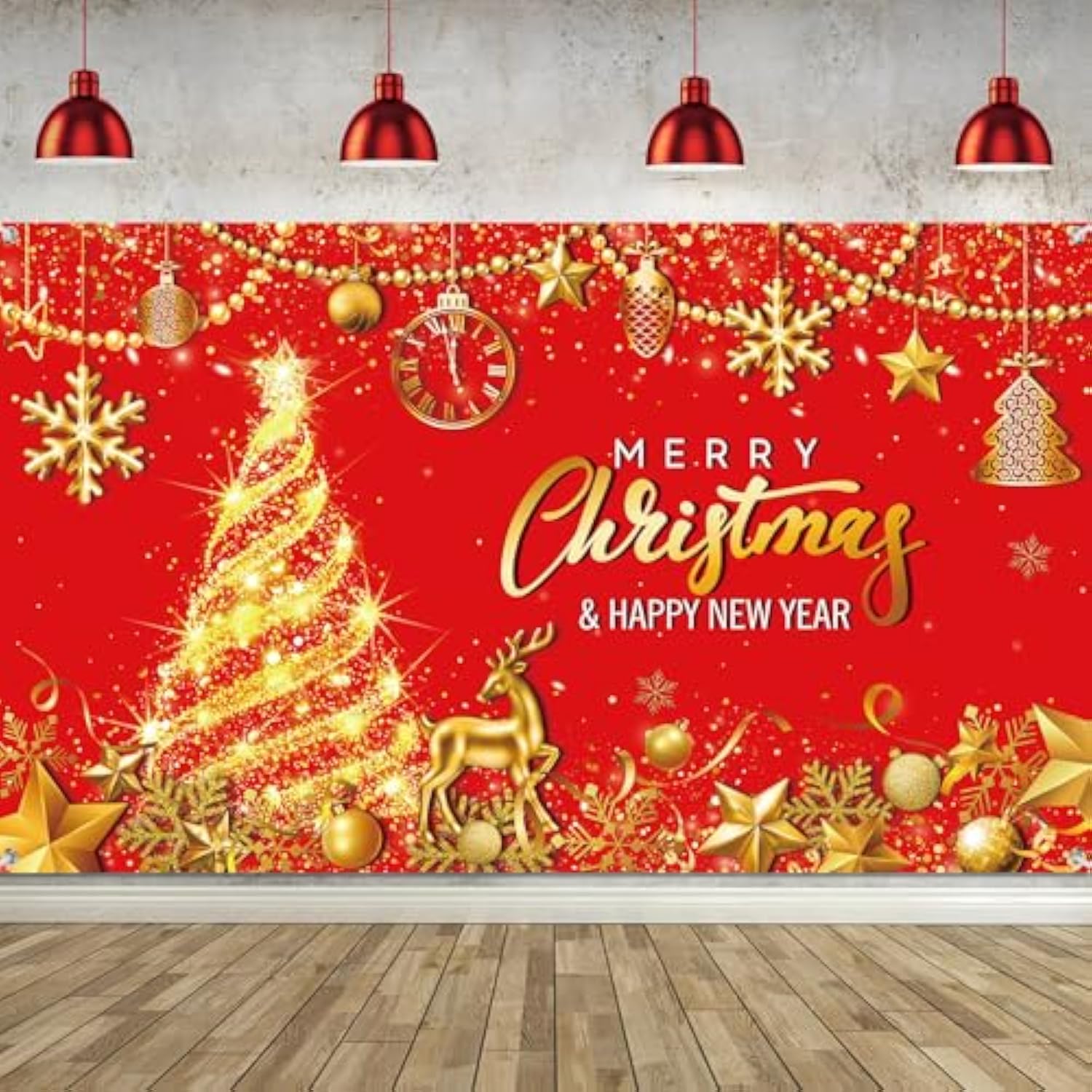 Merry Christmas Party Backdrop 72.8x43.3in Red & Gold Banner