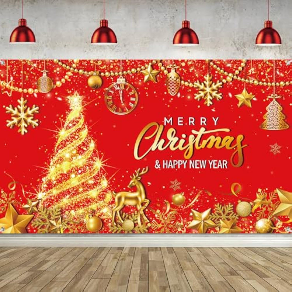 Merry Christmas Party Backdrop 72.8x43.3in Red & Gold Banner