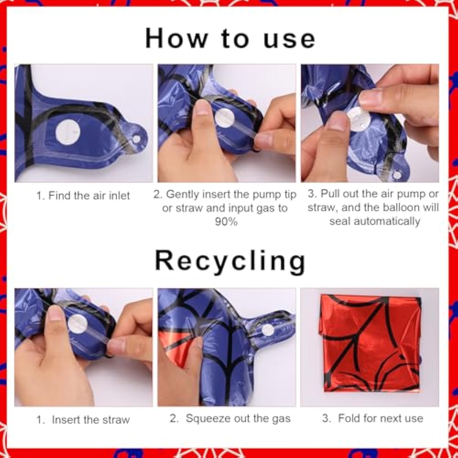 4Pcs Spider Balloons, 18 Inch Red & Blue Web Foil for Kids' Birthday & Halloween Party