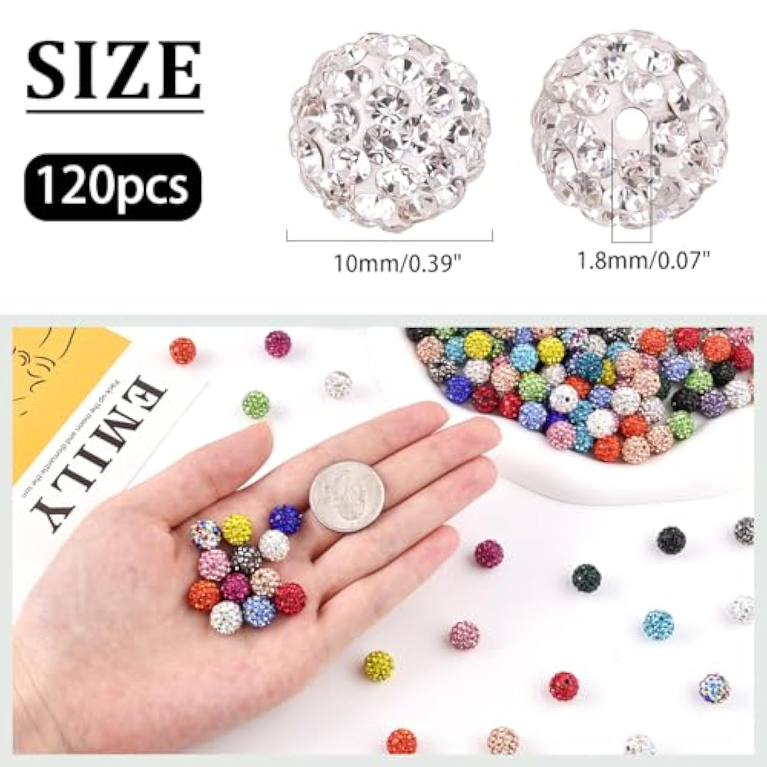 120PCS 10mm Rhinestone Shamballa Beads in 12 Colors for DIY Jewelry Making