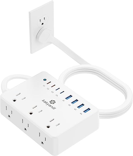 100W Charging Station Power Strip 6 Outlets 8 USB Ports Fast Charging 5FT Flat Plug Extension Cord White