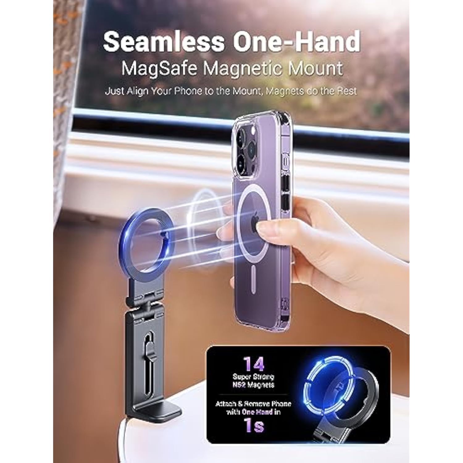 Magnetic Airplane Phone Holder For Magsafe, 16, 15, 14, 13, 12 & All Phones, Handsfree Phone Mount For Seat Tray Table, Pocket Size Travel Essentials Must Have Accessories For Flying