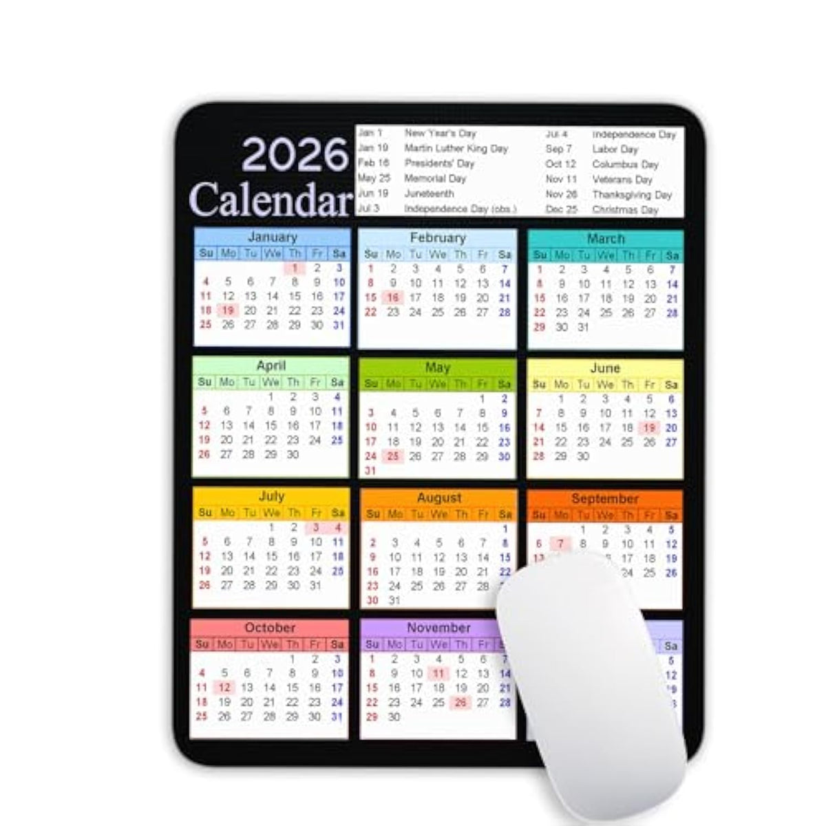 2026 Color Calendar And Holiday Vertical Edition Calendar Mouse Pad, Non-Slip Rubber Base Quality Creative Gaming Rectangle Personalized Desk Mouse Pad 9.5 Inch X 7.9 Inch