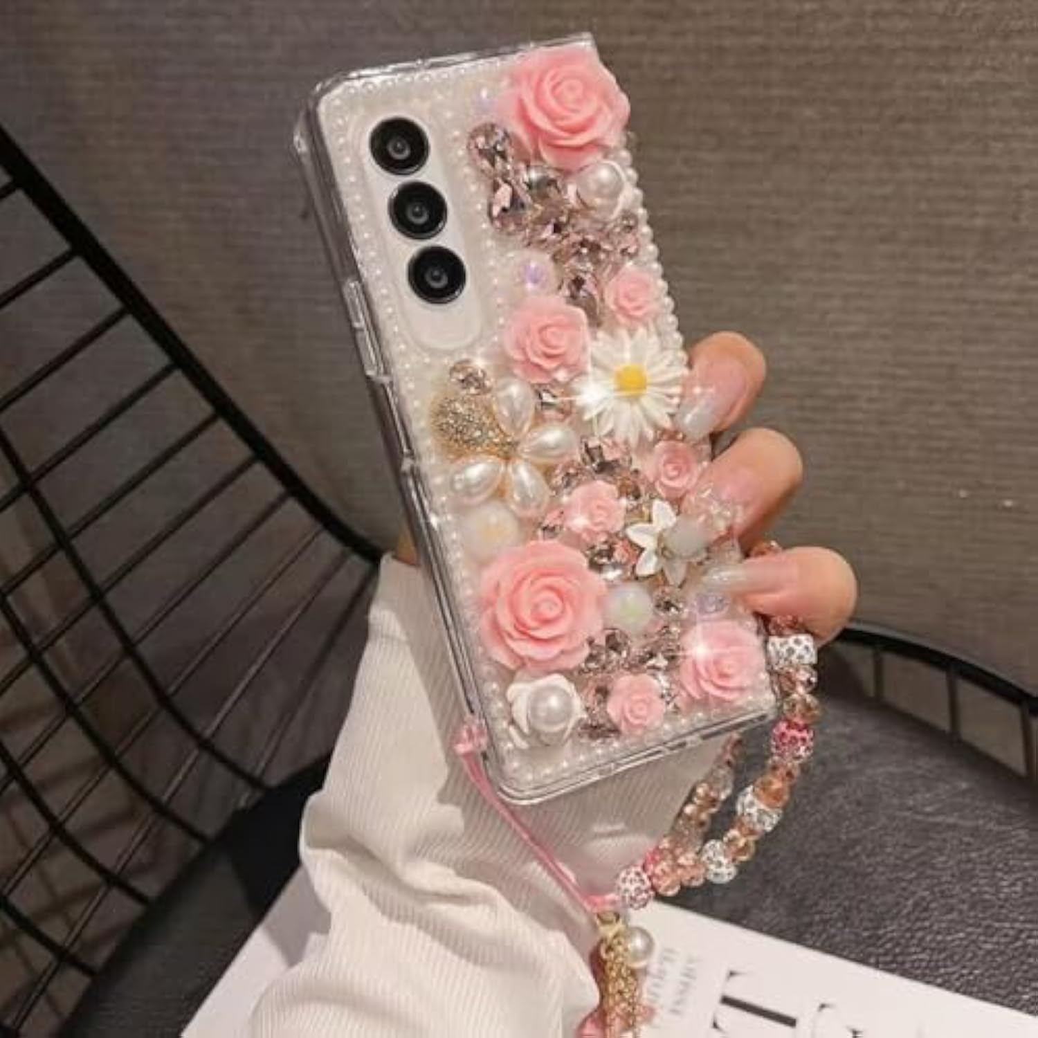 For Samsung Galaxy S25 Glitter Bling Case, Cute Luxury 3D Sparkle Crystal Rhinestones Flowers Diamond Pearl Stunning Stones With Lanyard Wrist Strap Women Girls Case For Galaxy S25 6.2", Pink