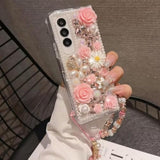 For Samsung Galaxy A16 5G Glitter Bling Case,Cute Luxury 3D Sparkle Crystal Rhinestone Flowers Diamond Pearl With Lanyard Wrist Strap Women Girls Phone Case For Galaxy A16 5G 6.7 Inch (Pink)