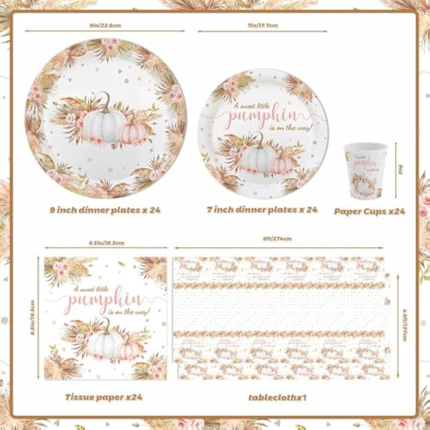Boho Fall Pumpkin Baby Shower Decorations Bohemia Floral Little Pumpkin Party Supplies Disposable Tableware Set 194 Pcs Plates Napkins Banners Plastic Tablecloth For Baby Shower Kids Party