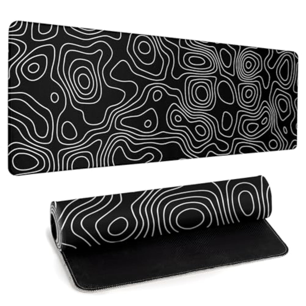 Black Topography Contour Gaming Mouse Pad Large Anime Topographic Map Mousepad Extended Mouse Pad Gaming Big Desk Pad Keyboard Pad With Stitched Edge Non-Slip Rubber Base