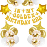 25pcs Golden Birthday Decor – "In My Golden Birthday Era" Banner & Balloons