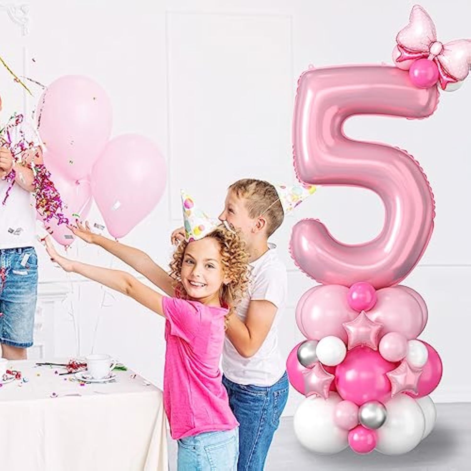 40 Inch Pink Number 5 Balloon For 5Th Birthday Decoration Pastel Baby Pink Number Five Foil Balloon Tower Giant Large Digit Hot Pink White Helium Balloons Stack Stand For Girls Anniversary Party
