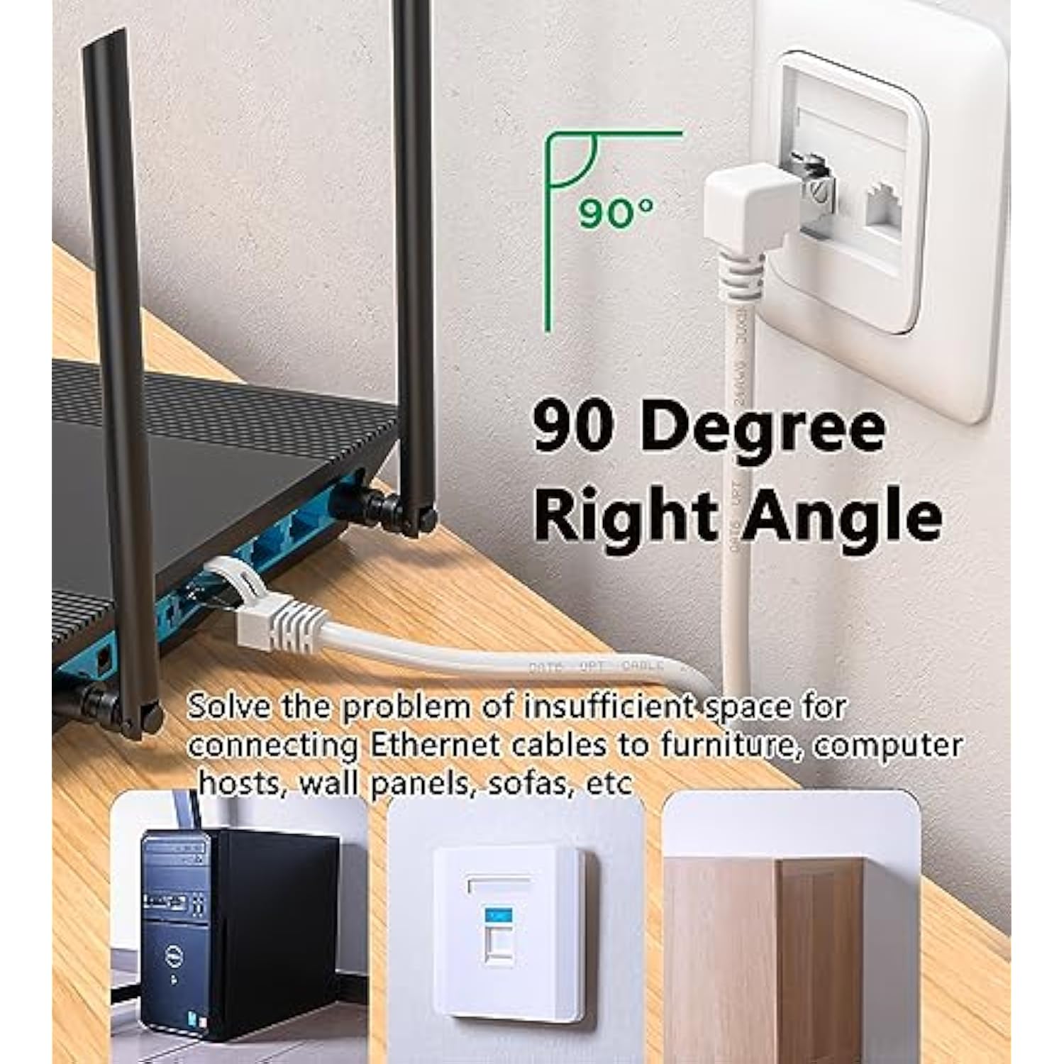 Right Angle Ethernet Extension Cable Upangle 1.5Ft-White, 90 Degree Cat6 Ether