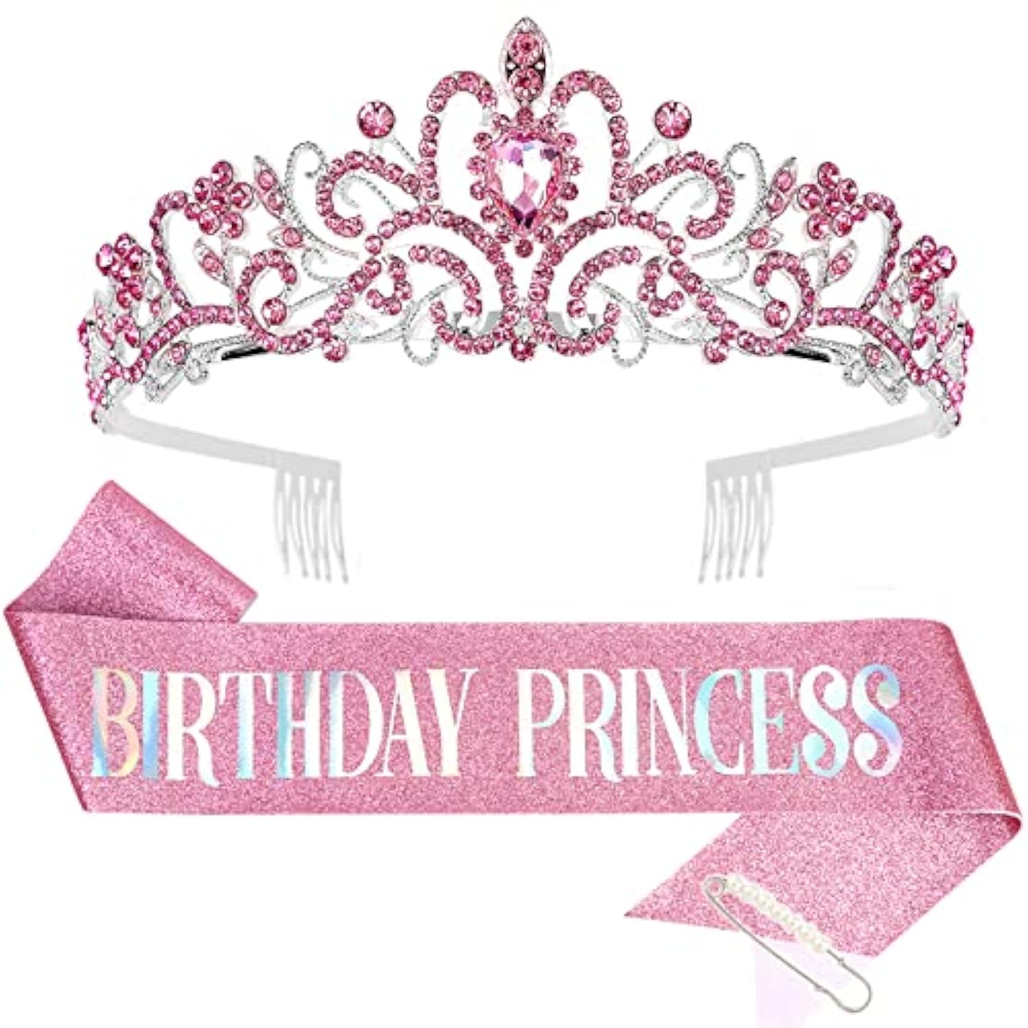 Princess Crown & Birthday Sash Set: Rhinestone Tiara, Glitter Pink