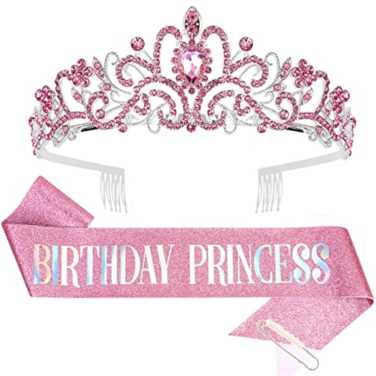 Princess Crown & Birthday Sash Set: Rhinestone Tiara, Glitter Pink
