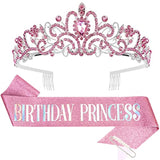 Princess Crown & Birthday Sash Set: Rhinestone Tiara, Glitter Pink