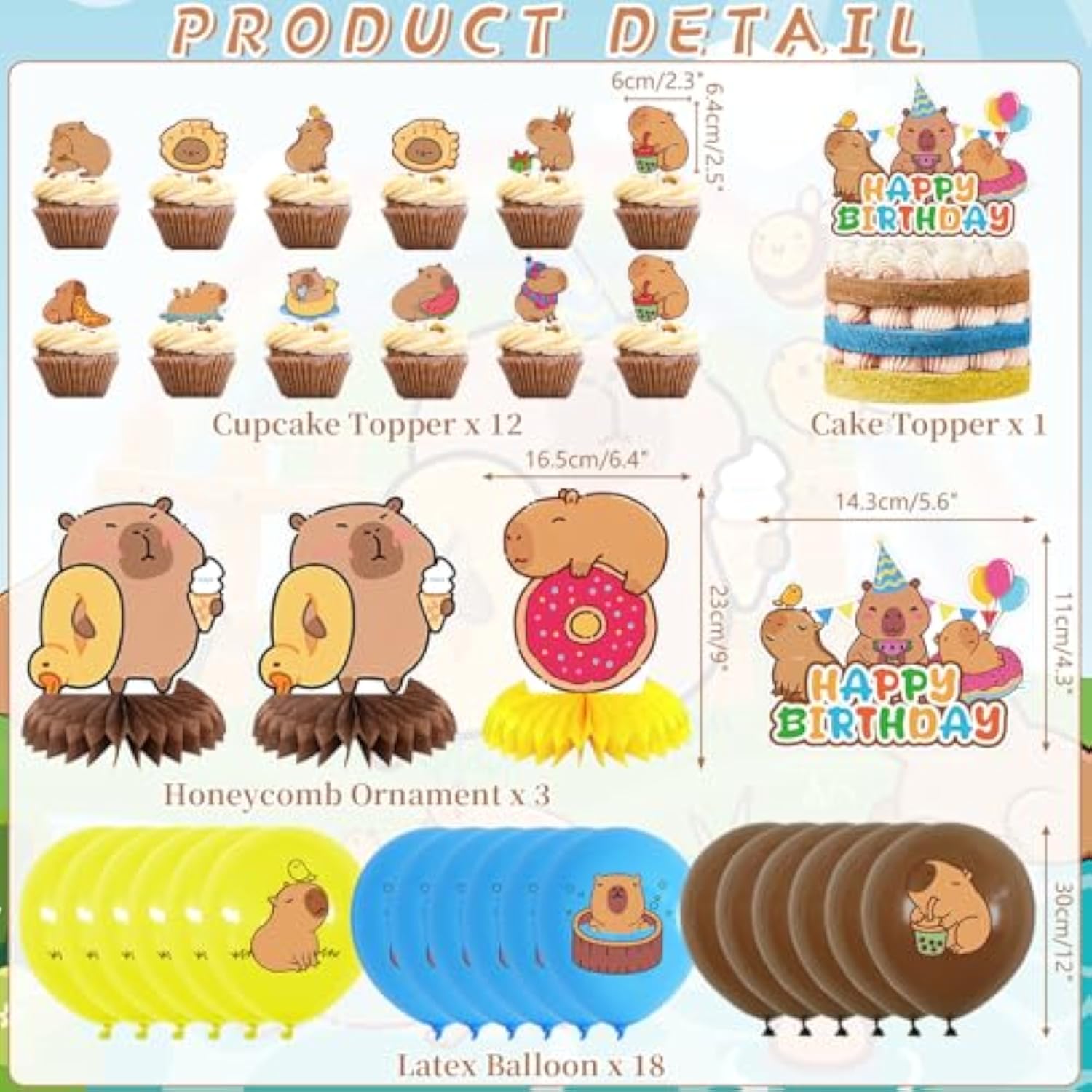 Capybara Birthday Party Set with Backdrop, Balloons, Cake Toppers & Centerpieces