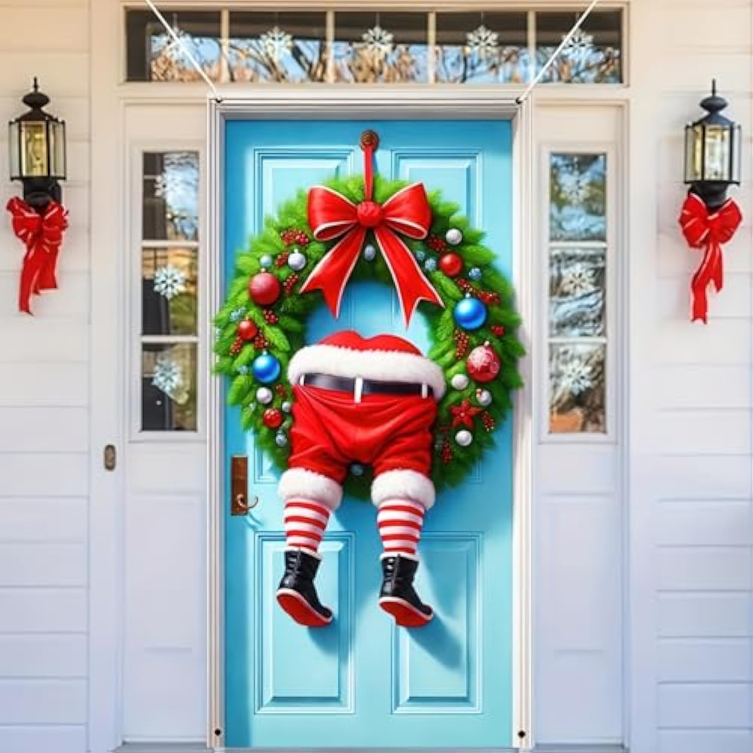 Christmas Door Cover Christmas Wreath Santa Claus Legs Hanging Banner Backdrop Photography Background Door Hanging Cover Door Cover Banner Winter New Year 71X35?Banner, Not A Real Wreath?