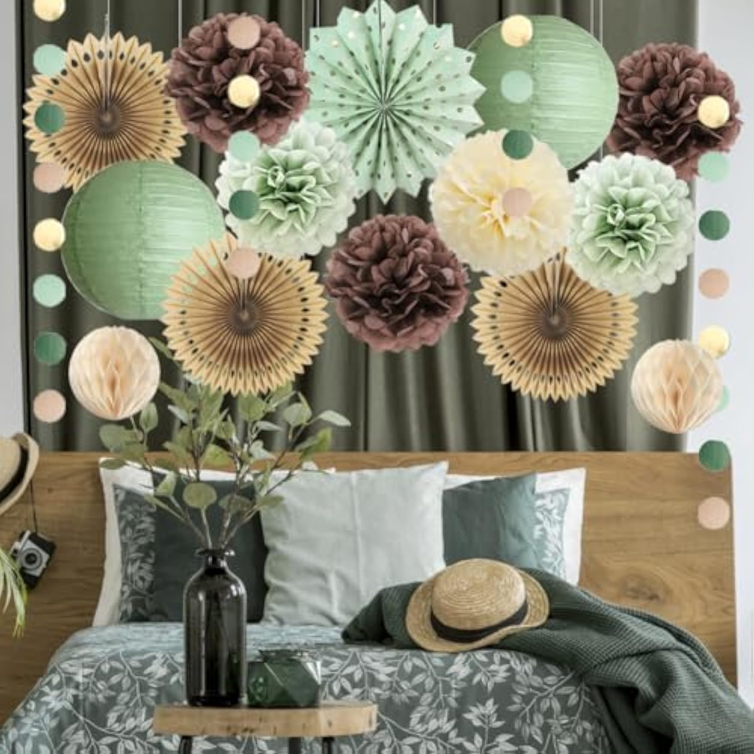 Sage Green And Brown Party Decorations Baby Shower Decorations Sage Green Beige Brown Tissue Paper Pom Poms Lanterns For Sage Green And Brown Birthday Bridal Shower Wedding Room Decor