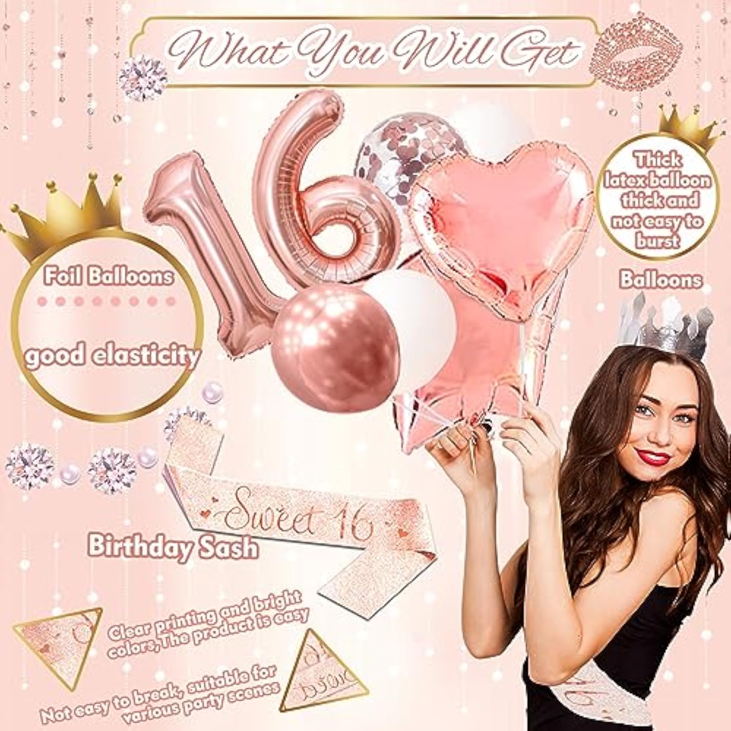 Rose Gold Sweet 16 Decor Set with Sash, Backdrop, Balloons & Cake Topper