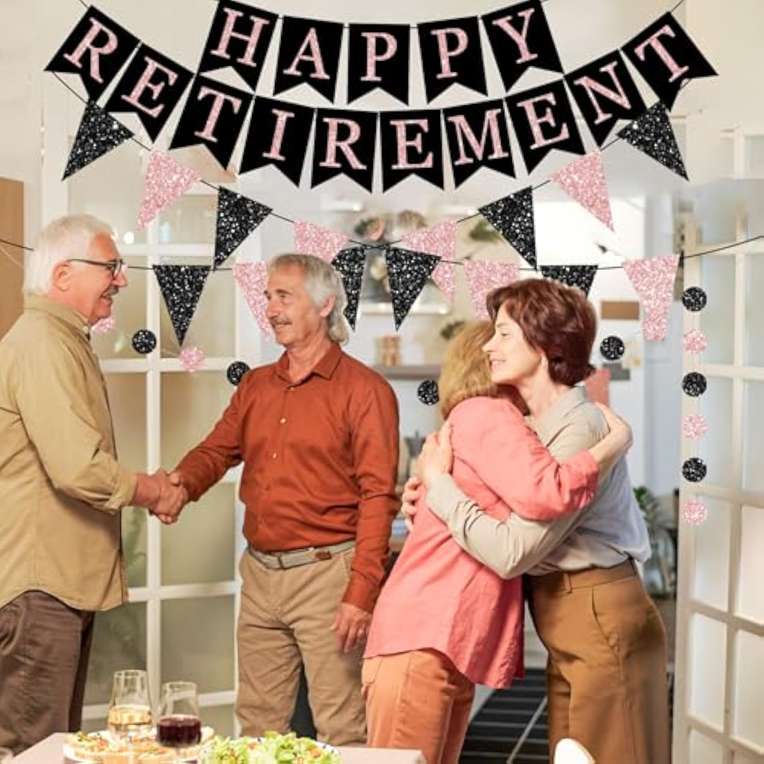 Happy Retirement Banner Rose Gold And Black Retirement Banner Glittery Pennant Flags Circle Dot Garland Retirements Party Decorations For Women Retirements Goodbye Farewell Going Away Party Decor